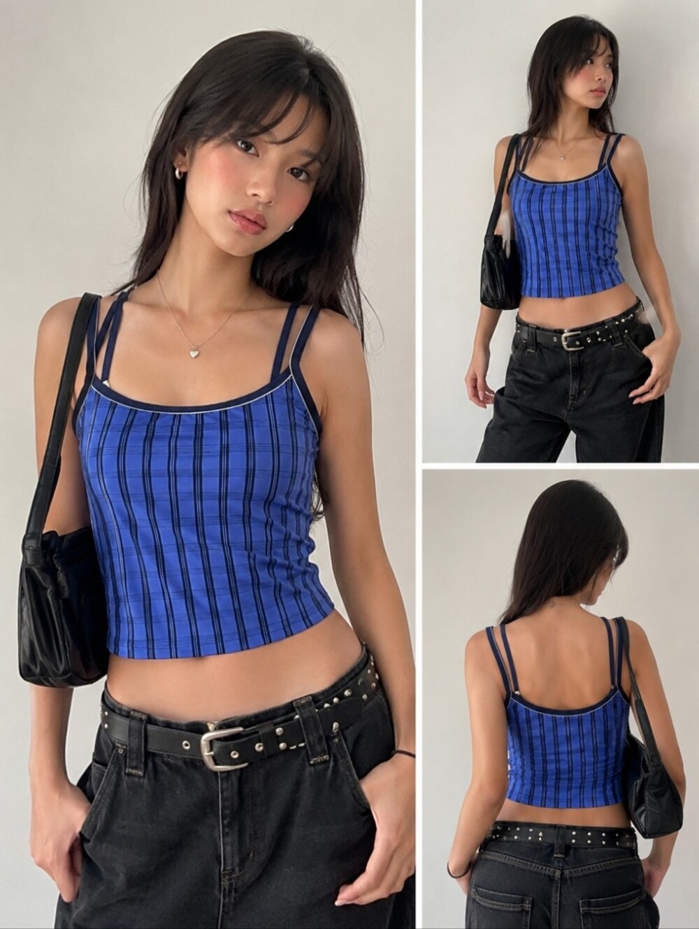 Liz Claiborne Y2K Blue Plaid Shelf Bra Cami Cropped Tank Top Sz 14